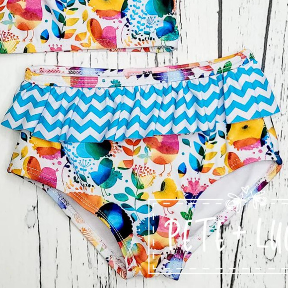 PETE + LUCY Colorful Birds Blue Two PIece Swim Set Size 12-18 month NEW Summer - Picture 3 of 4